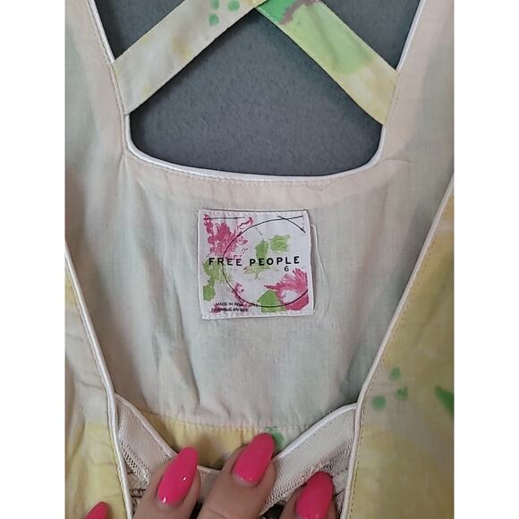 Free People Y2K Vintage Floral Mini Dress Yellow Green Size 6 Boho Retro EUC - Picture 4 of 9